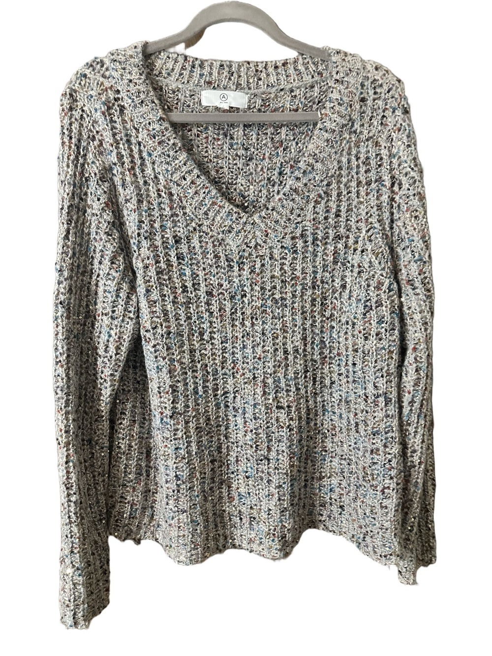 Reitmans A Mtl 1980 V-Neck Speckled Knit Sweater Neutral Multicolour Sz Large